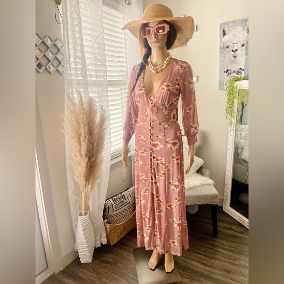 Long Sleeve Sheer Button Up Beach Bohemian Maxi Dress Size Small - Picture 1 of 6